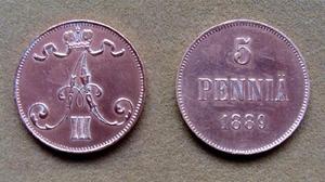 Moneda de 5 pennia Finlandia dominación rusa 1889
