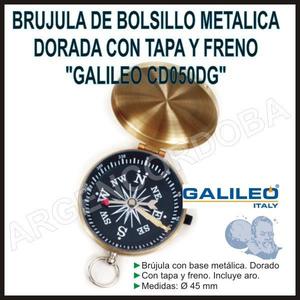 BRUJULA DE BOLSILLO METALICA DORADA CON TAPA Y FRENO GALILEO