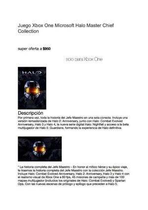JUEGO MICRO SOFT HALO MASTER CHIEF COLLECTION P/ XBOX ONE-
