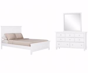 cama de madera blanca y cómoda de madera vanidad