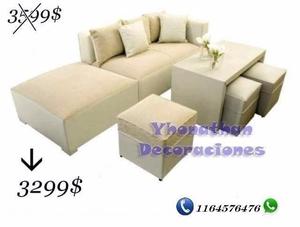 Sillon Esquinero + Camastro + Mesa + 3 Puff + 5 Decos De