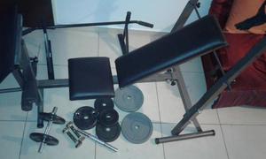 rodillo abdominales+barra dominadas+mancuernas(2)+25kg+banco