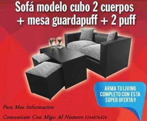 Sillon cubo de 2 cuerpos mesa 2 puff Todo tapizado En