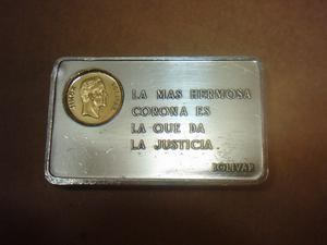 medalla lingote de plata ley y oro con mensaje de simón