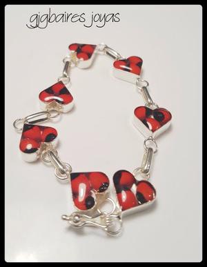 Pulsera De Plata 925 Con Semillas De Huayruro Corazones