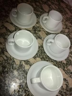 5 Tazas De Cafe Pocillo + 5 Platos Ceramica Blancas