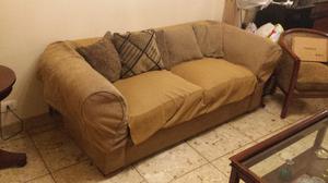 Sillón 2 Cuerpos Beige De Tela Con Funda Y Almohadones