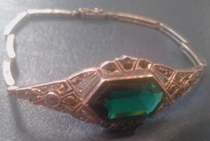 Antigua Pulsera Plata 935 Cristal Color Esmeralda Art Deco