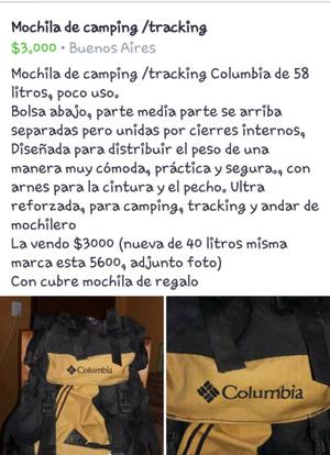 Mochila de camping /tracking Columbia 58 litros