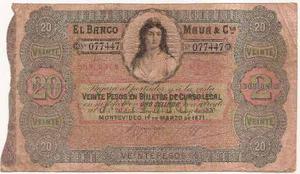 Uruguay Billete $ 20/2 Dobl. S-292 Banco Maua & Co
