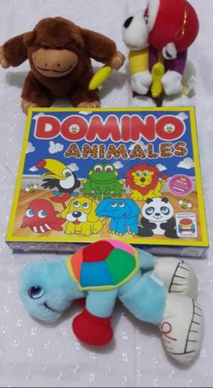 DOMINO DE MADERA DE ANIMALITOS NUEVO y 3 peluches de