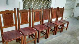 antiguo juego de sillas de algarrobo y cuero