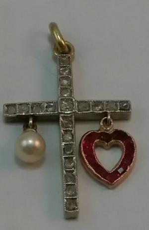 Cruz Con Diamantes Rubi Y Perla(antiguo)