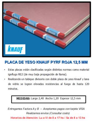 PLACA DE YESO KNAUF PYRF ROJA 12,5 MM