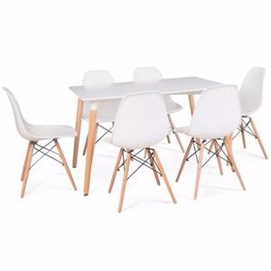 Combo Mesa Rectangular Blanca 4 Sillas Eames Patas De Madera