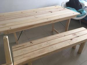 Mesa de madera de pino plegable + 2 bancos plegables