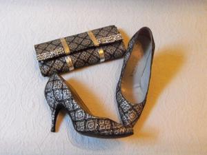 CONJUNTO DE ZAPATOS Y CARTERA DE VESTIR PLATEADOS CON NEGRO