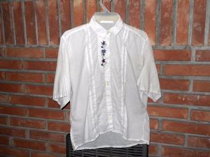 Camisa Mujer Retro Vintaje Con Pinzas Y Bordado Manga Corta