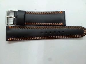 Malla Para Reloj Cuero Negro 22mm Doble Costura Naranja