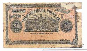 Vale Chaco Colonizadora Popular 20 Centavos Muy Raro!