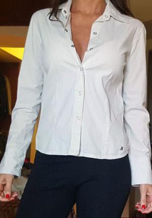 Camisa mujer blanca rayas finas elastizada