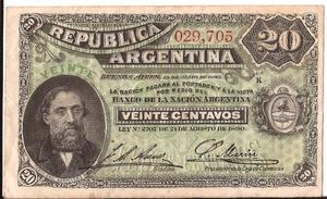 Billete Argentina 20 Ctvs. Julio De . Serie K Impecable