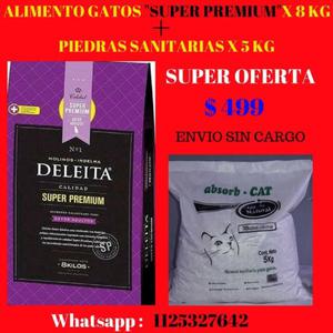 ALIMENTO PREMIUM GATOS X 8 KG + PIEDRAS SANITARIAS X 5 KG