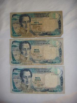3 Billetes De Colombia De  Pesos + $ Oro -  Y 