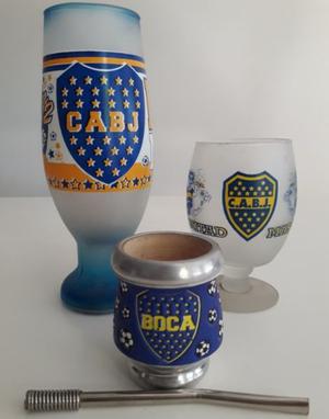 Combo Boca Juniors. Mate de Madera Forrado en EcoCuero + 2