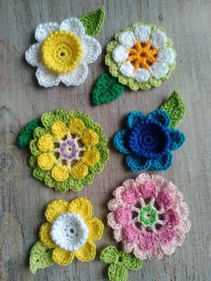 Flores/apliques Tejidos Crochet. Pack De 6 C/ Hojitas