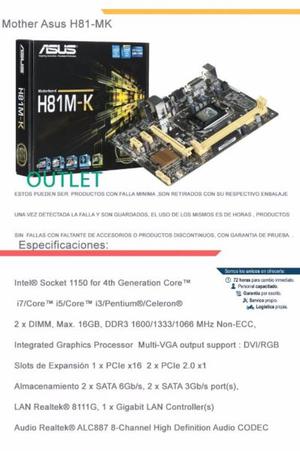 MOTHER ASUS H81MK LGA  DDR3 OUTLET CON O SIN FALLAS SMTB