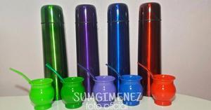 Termo Bala 1 Litro Acero Inox Colores + Mate+ Bombilla