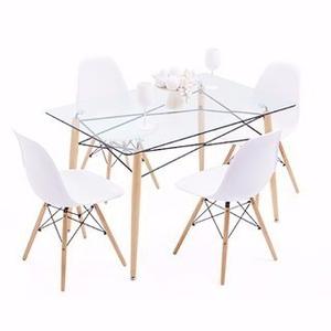 Mesa Eames Comedor De Vidrio 120x80 + 4 Sillas Eames Blancas