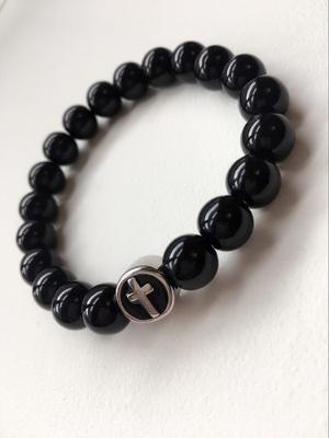 Pulsera Hombre Onix Black Con Dije De Acero 10 Mm