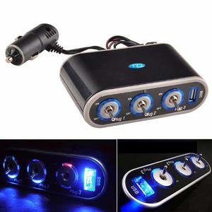 Toma Triple Adaptador Encendedor Auto Cargador Usb Con Swich