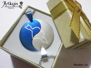 Dije Collar Media Medalla Corazon Ying Parejas Novios Acero