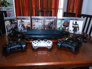 Ps3 Super Slim 250gb + 3 Joystick+6 Juegos físicos y 3