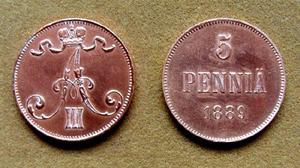 Moneda de 5 pennia Finlandia dominación rusa 1889