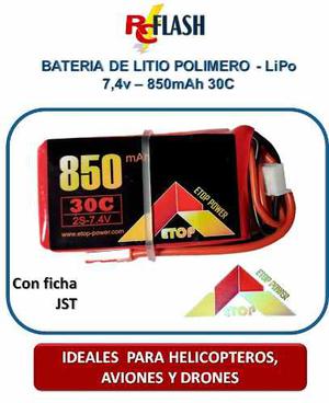 Batería De Litio Polímero Lipo 7.4v 850mah 30c Helis