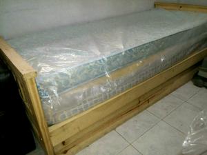 Cama Pino 1 Plaza con Carro Y Colchones