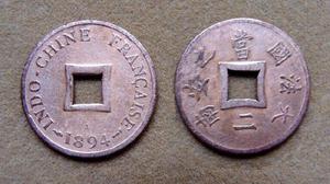 Moneda de 2 sapeques de Indochina Francesa 1894