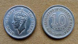 Moneda de 10 cent Malaya 1950