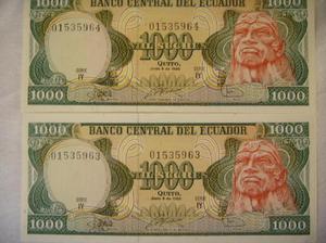 Dos Billetes Consecutivos Ecuador 1988 1000 Sucres