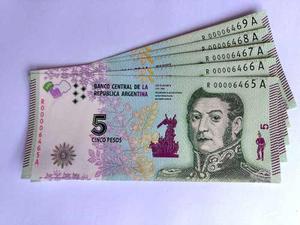 5 Billetes 5 Pesos Argentinos Reposición Exc S/c