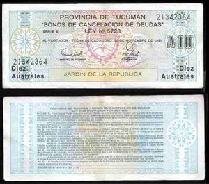 Argentina  Bono De Tucuman De 10 Australes
