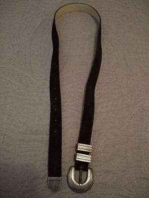 Cinturon Cuero Negro Gamuza Prune Hebilla Plata 85cm NUEVO!!
