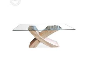 mesa ratona de vidrio con base de madera