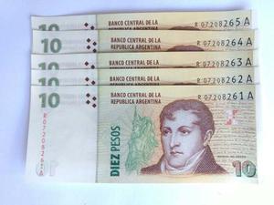 5 Billetes 10 Pesos Argentinos Reposición Exc S/c