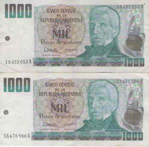 Dos Billetes Argentinos Antiguos Mil Pesos, Muy Buen Estado