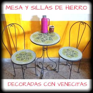 MESA DE HIERRO + SILLAS DECORADAS CON VENECITAS PARA